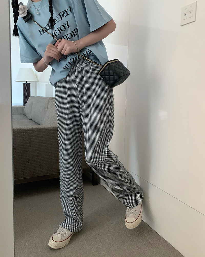 松紧高腰休闲裤女侧边纽扣开叉直筒裤宽松阔腿拖地裤子29480
