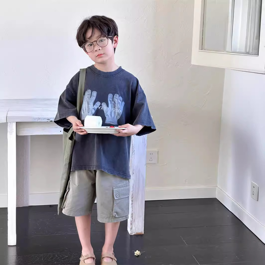 花栗鼠2024夏季新品韩版儿童做旧短袖男女童高街潮裤手套印花t恤