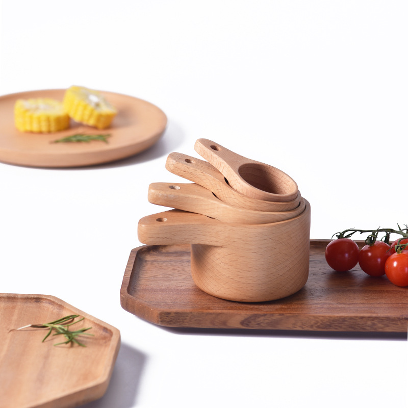 Japanese-Style Wooden Measuring Cup Acacia Mangium Wooden Measuring Cup 4-Piece Set Coffee Measuring Spoon Beech Baking Measuring Cup Measuring Cylinder