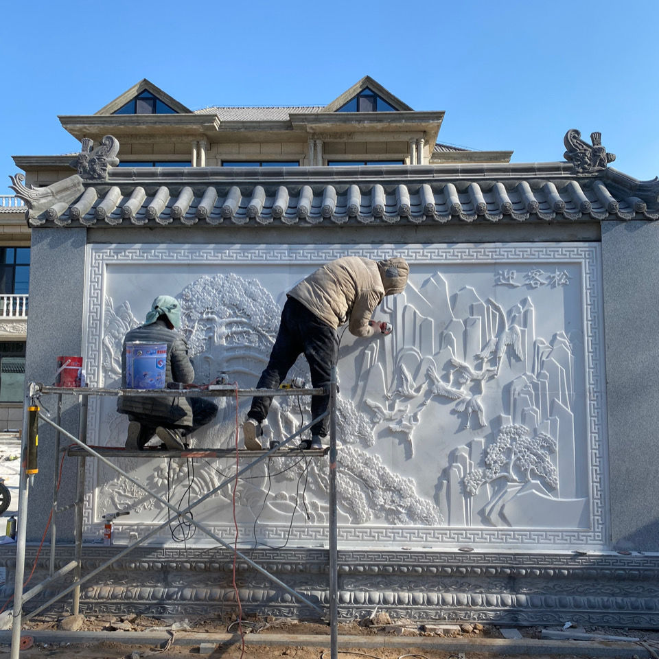 石雕浮雕壁画青石仿古镂空窗花晚霞红影壁墙汉白玉荷花鱼福字地雕