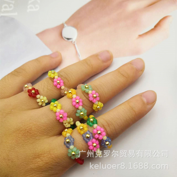 Japanese and Korean Chic Elegant Rice-Shaped Beads Stringed Beads Little Daisy Summer Flower Ring Does Not Fade Niche Design Women