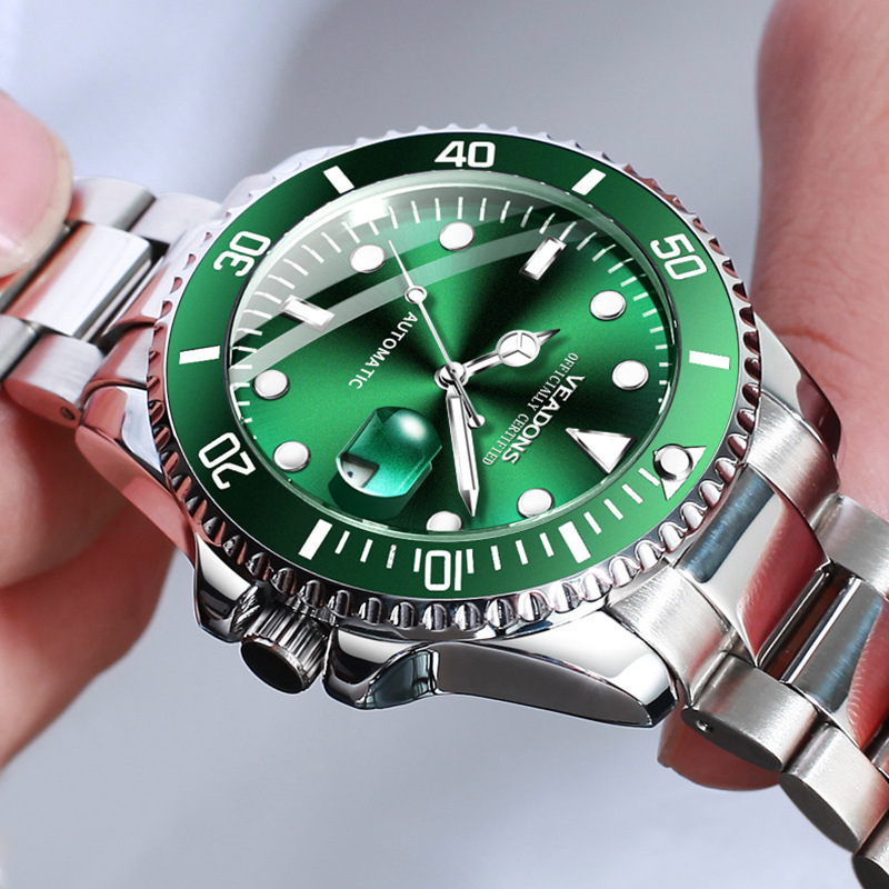 威顿绿水鬼手表男机械表商务日历夜光防水计时男士机械手表批发