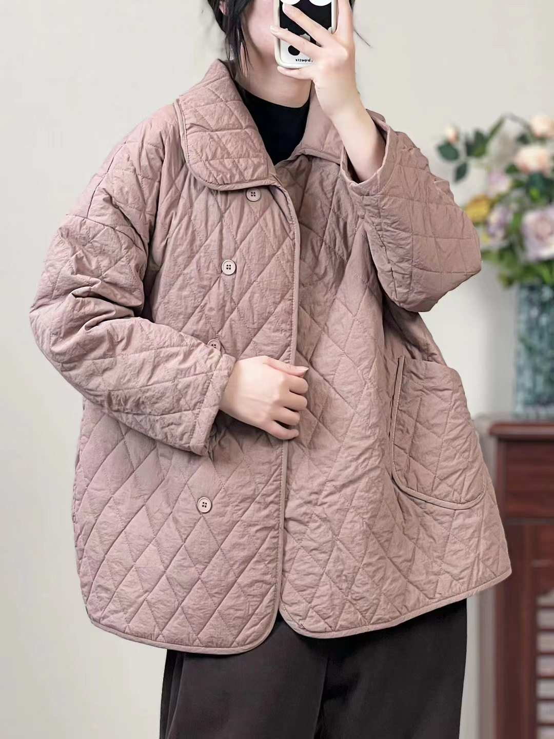 2023秋季新款文艺气质款韩版菱格夹棉外套休闲款宽松上衣-阿里巴巴