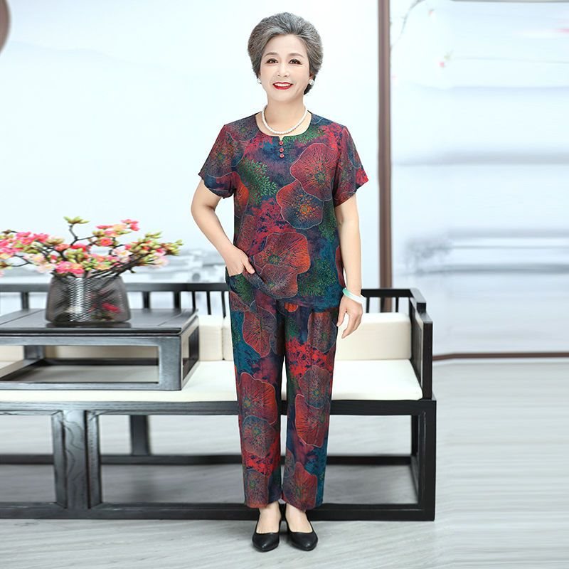 中老年妈妈装棉绸短袖t恤套装宽松加肥加大码女装老年人夏天衣服