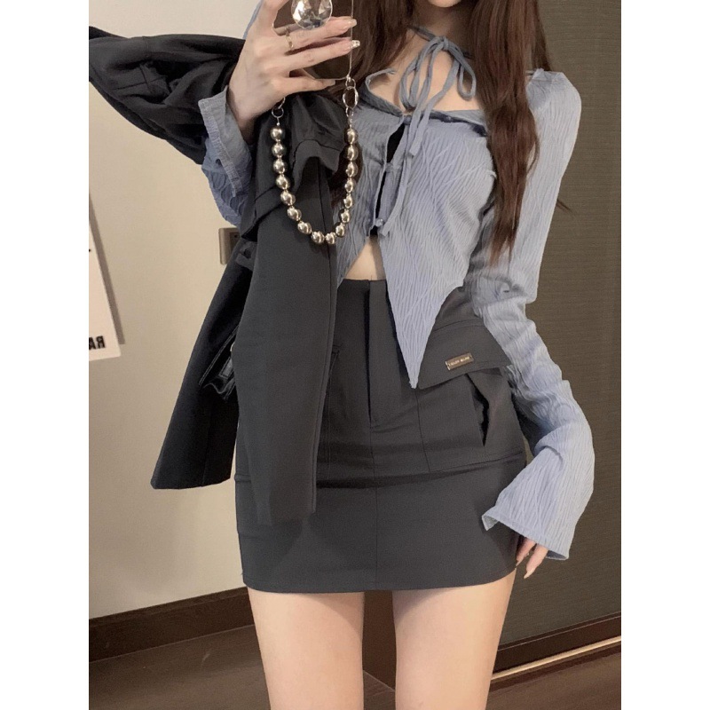 甜酷辣妹套装女夏季短款小西装外套衬衣高腰半身裙感三件套潮
