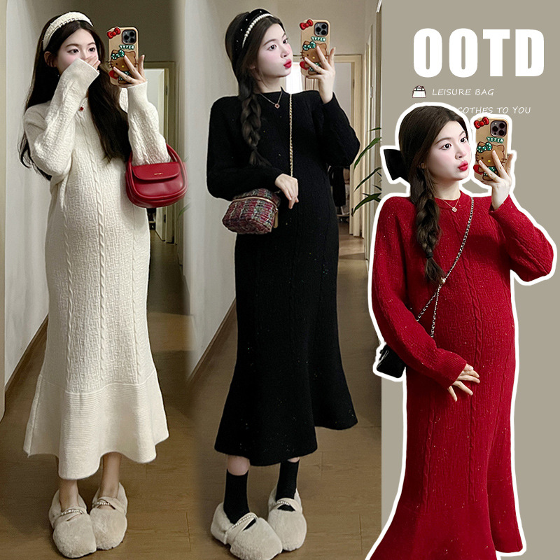 2024新款冬季设计感宽松加厚显瘦百搭下摆鱼尾长款连衣裙红色