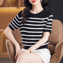 女士冰丝短袖t恤夏季薄2024新款韩版宽松设计感黑白撞色半袖小衫