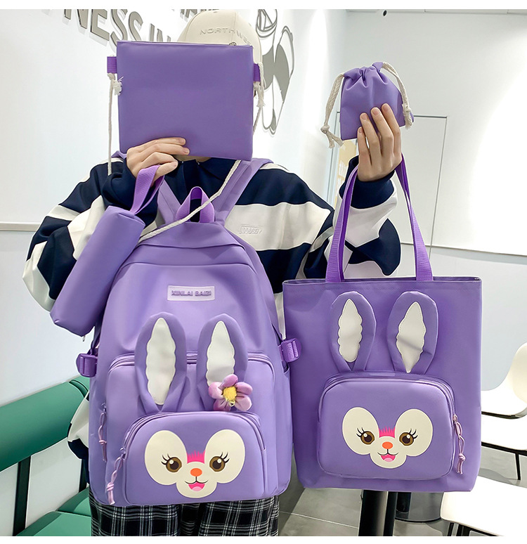 Lovely Soft Cute Rabbit Middle School Student Schoolbag College Style Middle School Students Backpack Four-Piece Primary School Student Schoolbag
