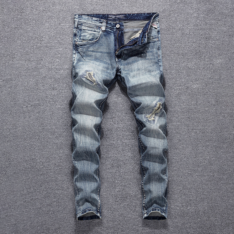 Italian Fashion Retro Men's Jeans Distressed Blue Gray Washed Ankle-Tied Straight Micro Elastic Slim Jeans Men