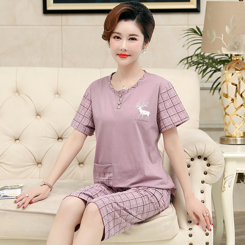 Middle-Aged and Elderly Pajamas Women's Summer Cotton Mom Cropped Pants Home Wear Middle-Aged plus Size Short Sleeve Shorts Suit