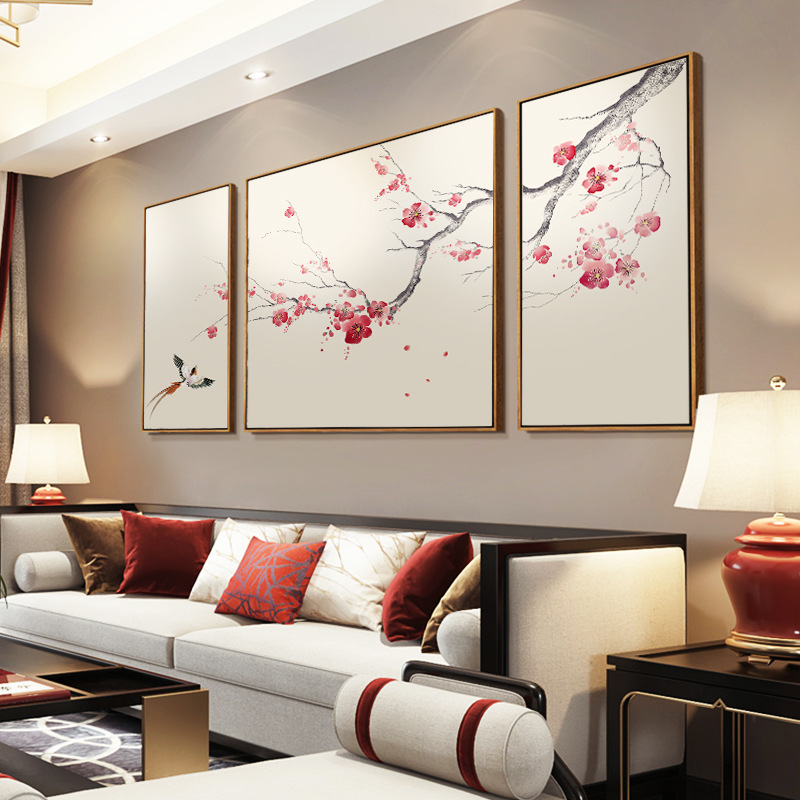 梅花客厅装饰画新中式挂画沙发背景墙面壁画三联画民宿日式画喜鹊