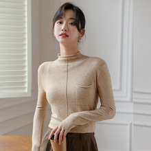 春秋半高领毛衣女新款套头长袖百搭韩版宽松口袋针织衫打底衫内搭