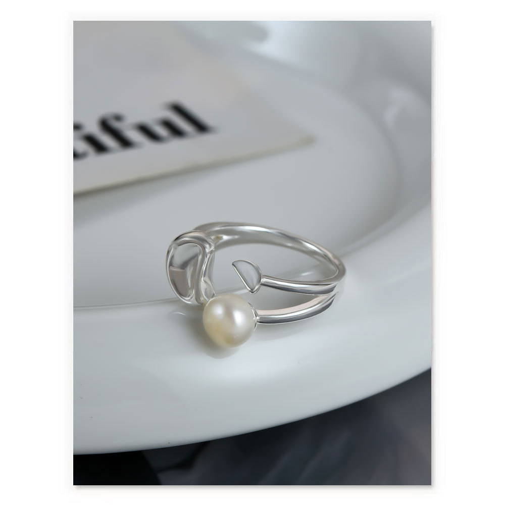 Electroplated Sterling Silver Natural Freshwater Pearl Ring European and American Niche Dual Layer Open-End Adjustable Geometric Index Finger Ring