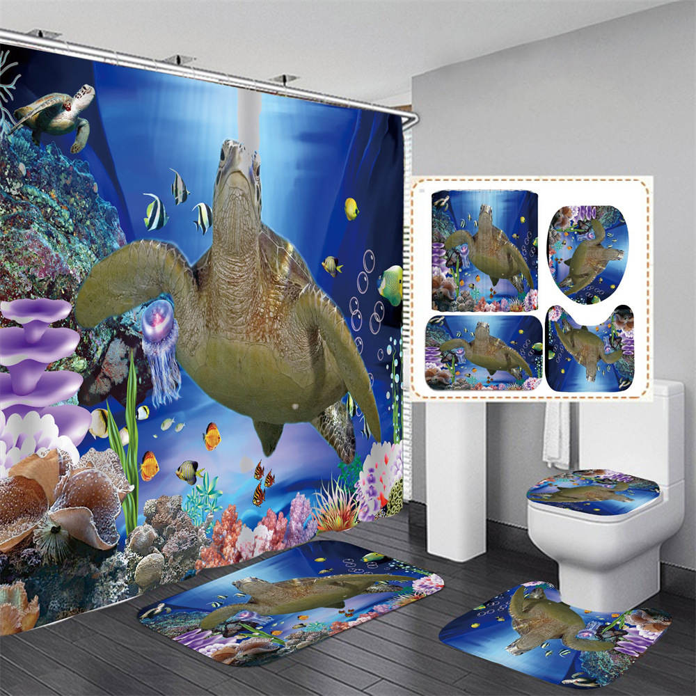 3D Digital Printing Waterproof Bathroom Set Tiger Lion Elephant Animal Shower Curtain Four-Piece Set Toilet Mat Suit