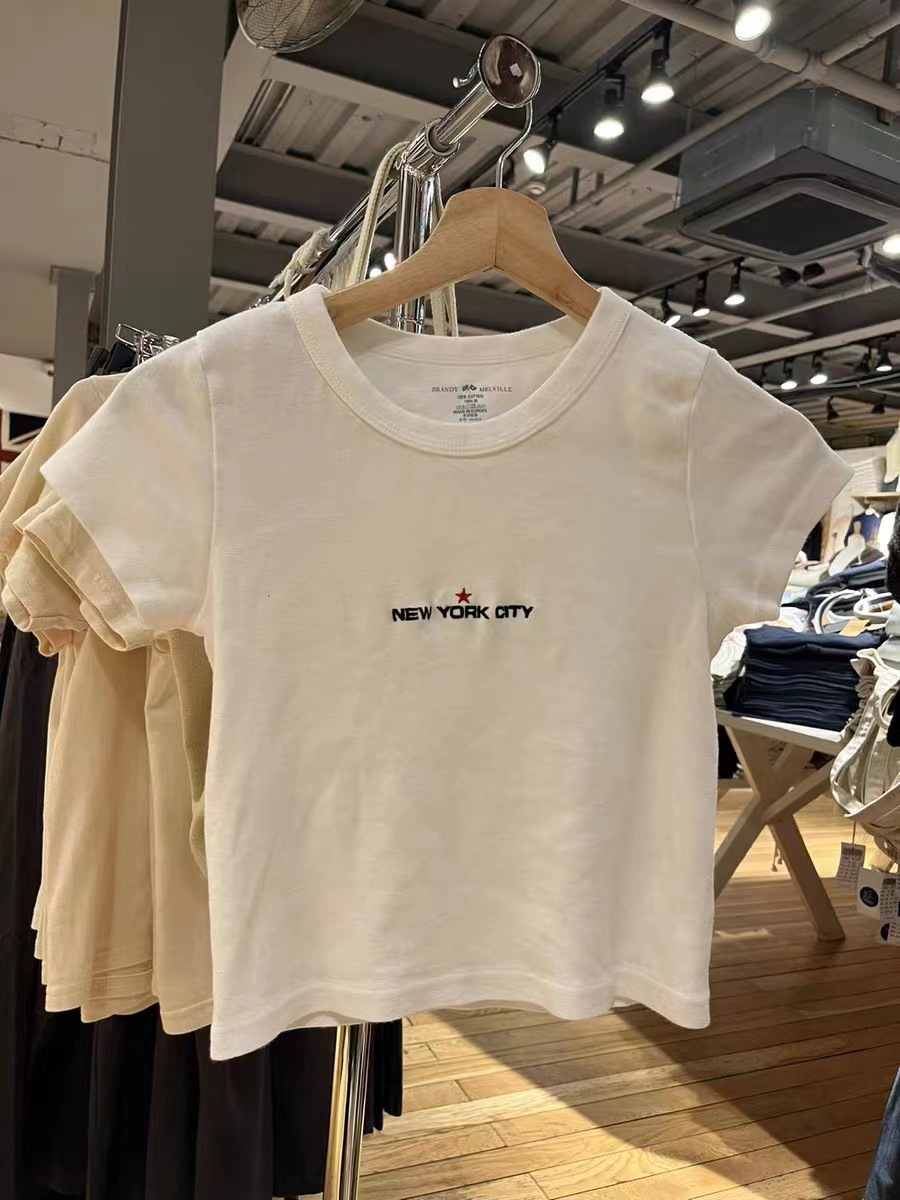 bm风 棉白色newyork刺绣字母短袖t恤上衣女-阿里巴巴