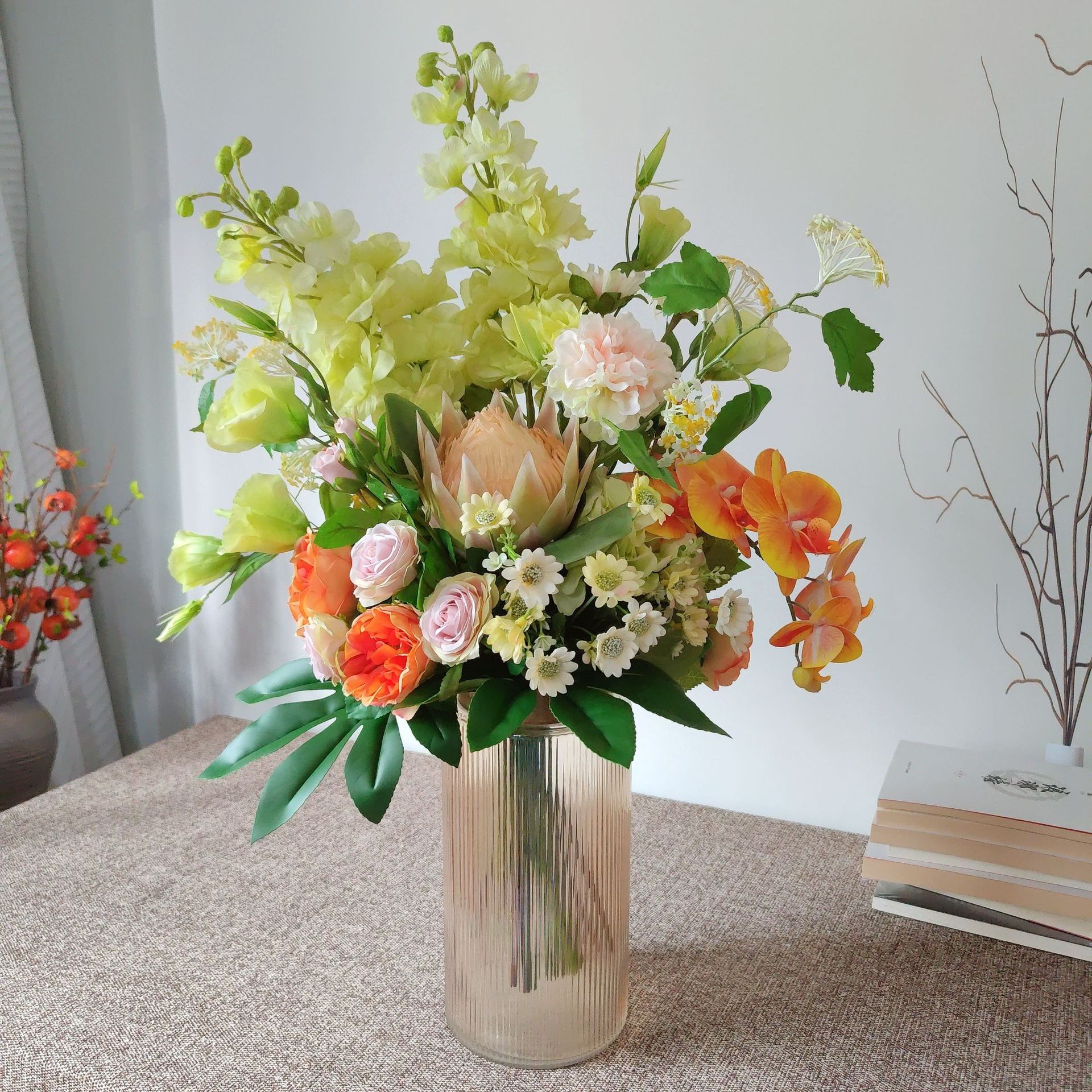 清新黄绿色系家居装饰花艺客厅玄关仿真花束手札假花酒店样板间