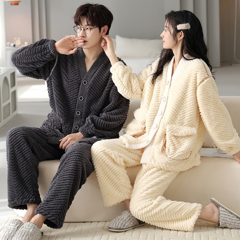 coral fleece couple pajamas autumn and winter thickened plus velvet thermal flannel homewear for men and women twinset outfit