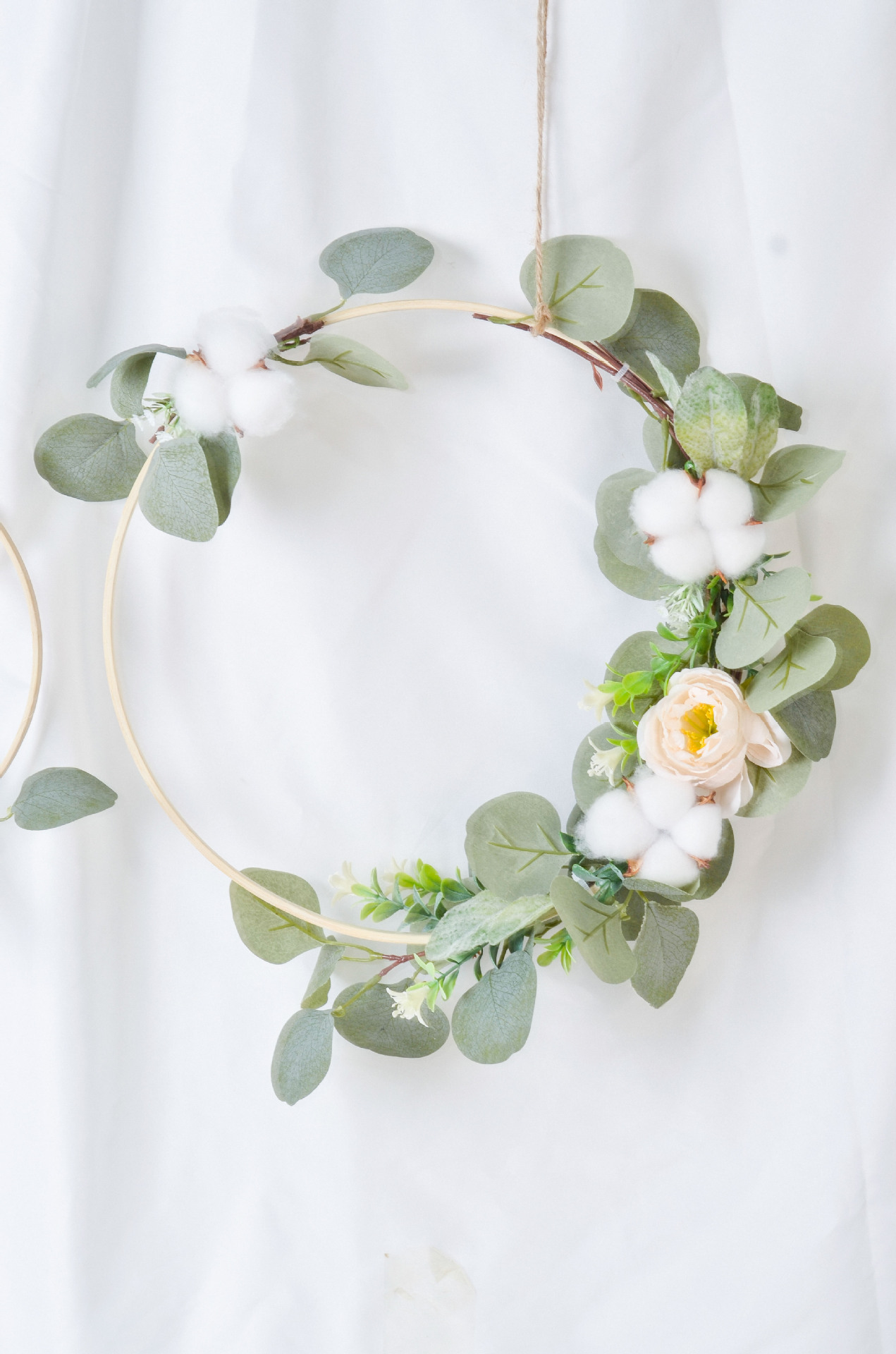 创意diy仿真尤加利叶竹环秋冬季棉花花环幼儿园走廊教室悬挂饰品