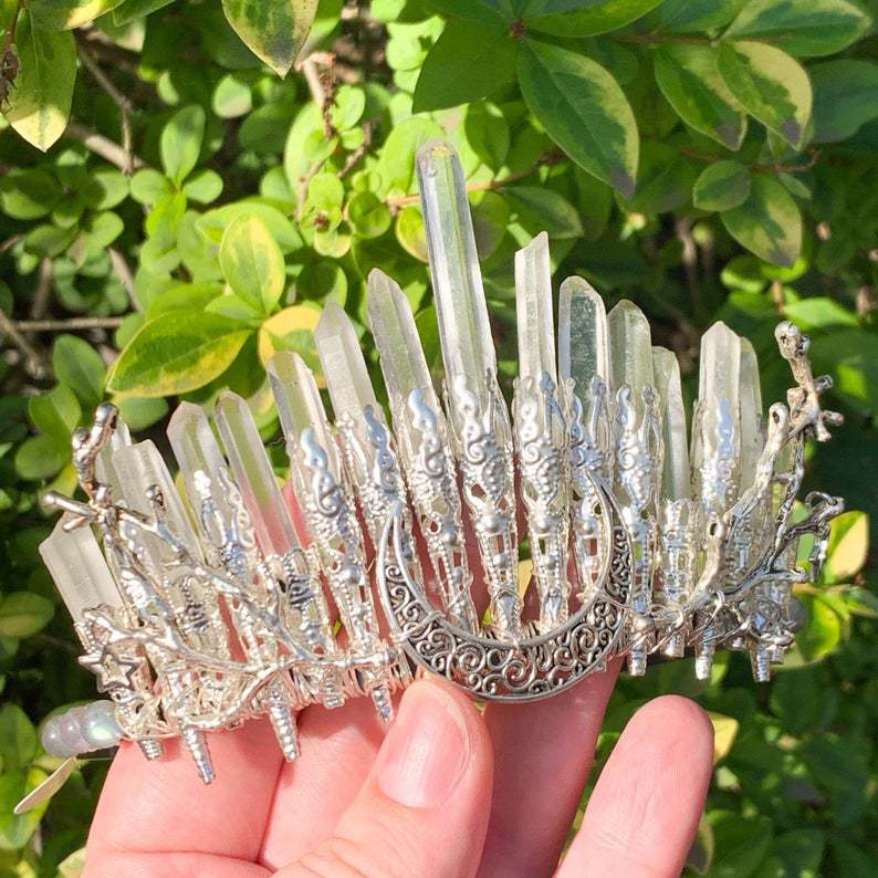 亚马逊热卖天然水晶彩虹皇冠diy发箍月亮树枝星星新娘头饰