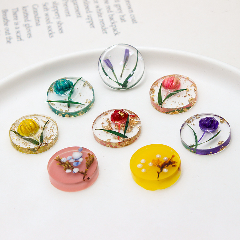 滴胶干花花苞透明圆形金箔树脂配件 diy手作耳钉手机壳贴片材料