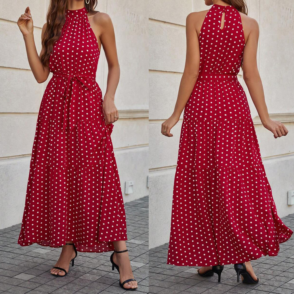 2024年跨境新款shein clasi 波点印花束带挂脖连衣裙