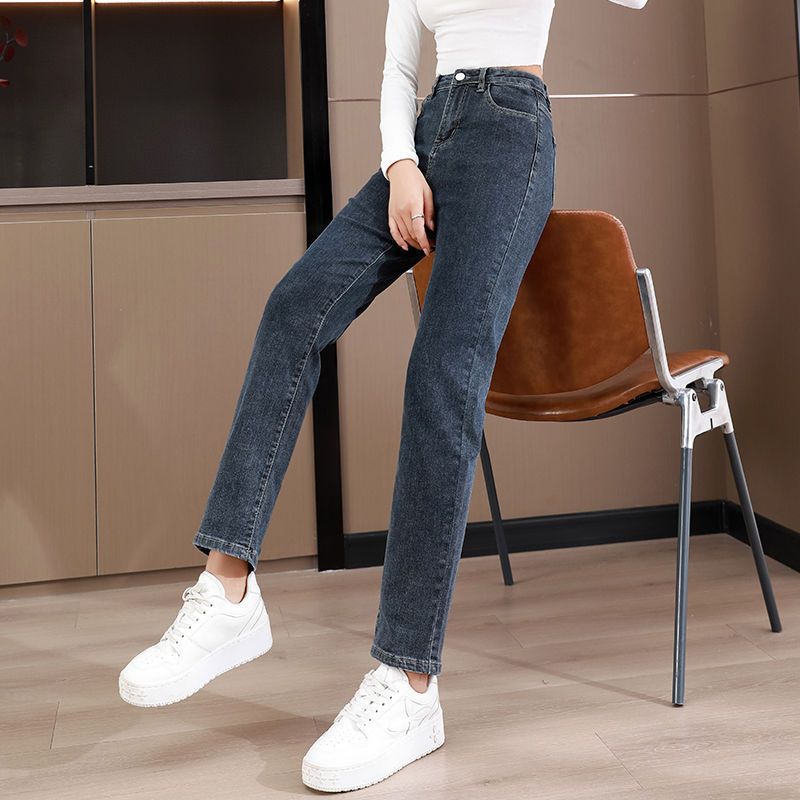 Cigarette Pants Straight Jeans Women's Cropped High Waist Stretch Autumn and Winter Fleece-Lined Long Pants New All-Matching Slimming Loose