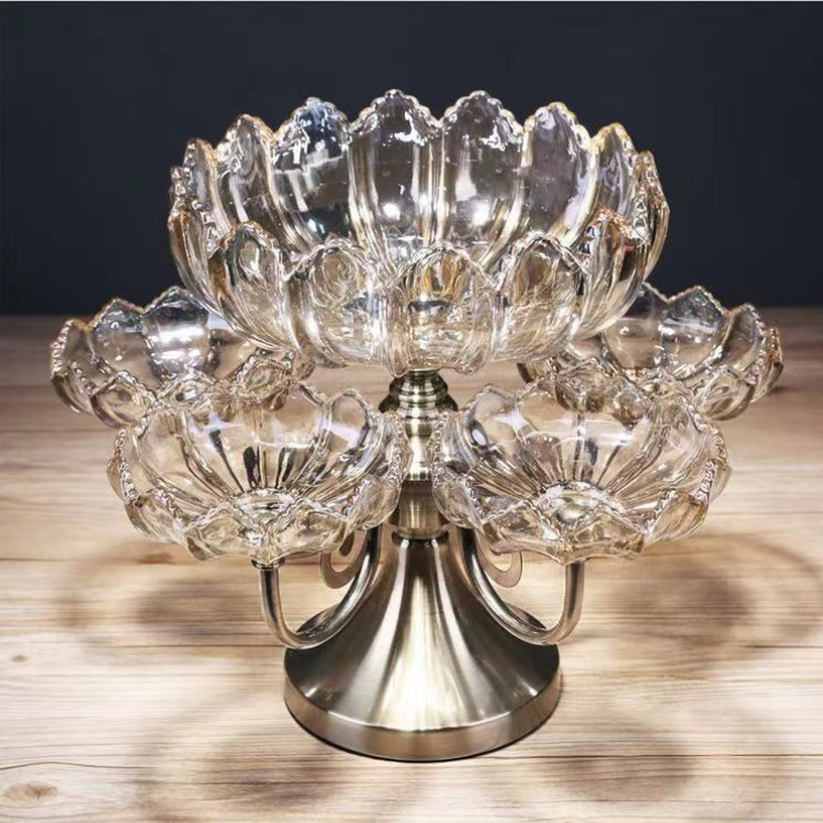 Nordic Crystal Glass Fruit Plate Internet Celebrity Household Living Room Coffee Table Creative Metal Multi-Layer Tall Fruit Bowl Candy Plate