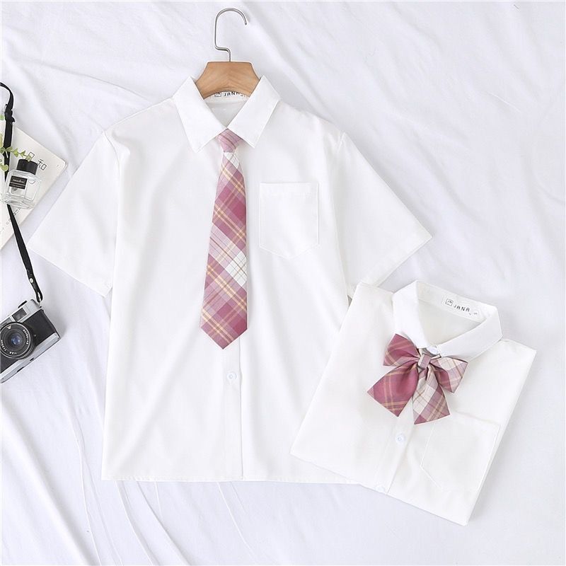 日系jk制服衬衫短袖白色上衣学生学院领带蝴蝶结衬衣短款打底批发