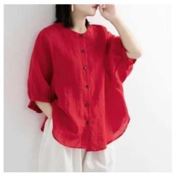 2023 New Cotton and Linen Shirt Women Lantern Sleeve Retro Artistic Top plus Size Loose Half Sleeve Shirt Women