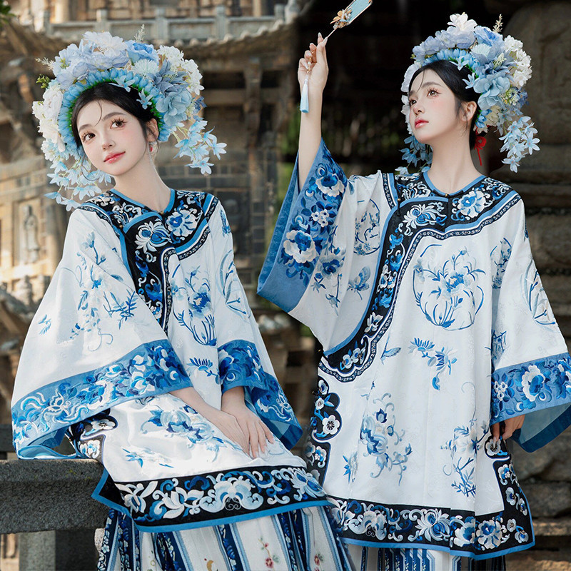 簪花汉服青花瓷复古清汉女格格服套装旅拍写真服装-阿里巴巴