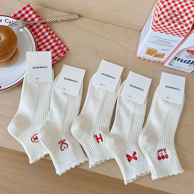 白色纯棉花边条纹袜子女中筒袜学院风韩版少女春夏薄款纯棉短筒袜