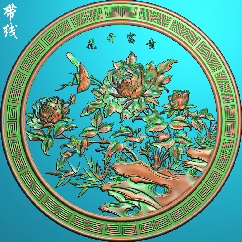 a精雕图圆形牡丹花鸟花开富贵挂匾浮雕图灰度图木雕砂岩石雕刻图