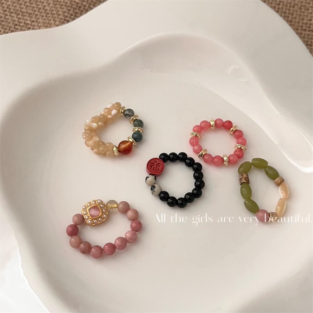 Homemade Niche Natural Stone Beaded Shell Ring New Chinese Style Cold Style High-Grade Elastic Ring Twin Ins