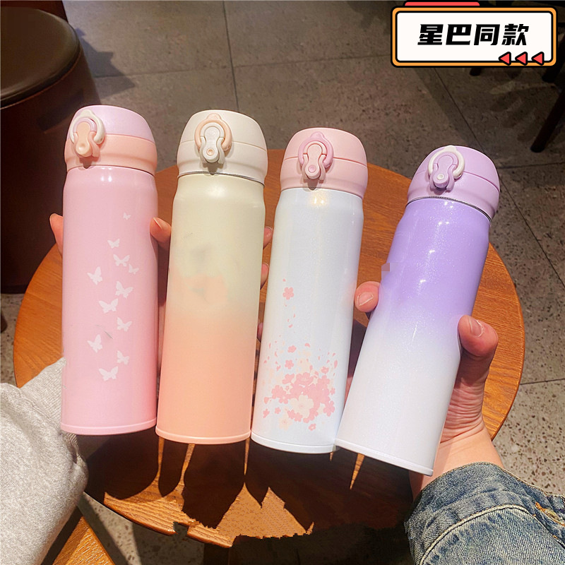 Star Dad Same 304 Stainless Steel Vacuum Cup Cherry Blossom Gradually Varied Pink Couple Gift Cup 500ml Bullet Cup Wholesale