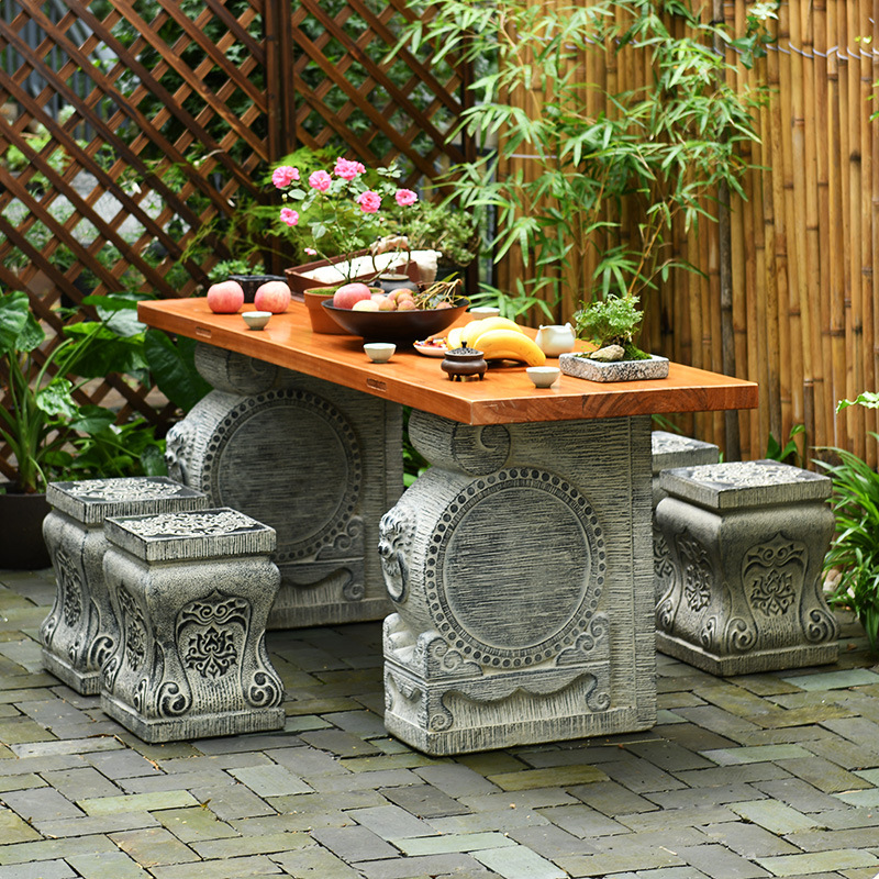 中式庭院室外大板水泥茶桌露天花园茶室桌子户外茶台流水茶几底座
