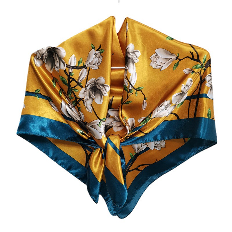 金色海棠花方丝巾批发90方巾一件代发杭州丝绸围巾女款绑包包丝带-阿