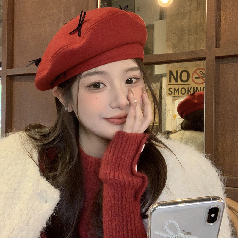 2023新款秋冬季红色蝴蝶结贝雷帽女复古百搭画家帽子显脸小八角帽