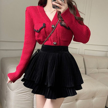 小香风红色毛衣女毛线衣针织黑色金丝绒蛋糕裙短裙春季小个子套装