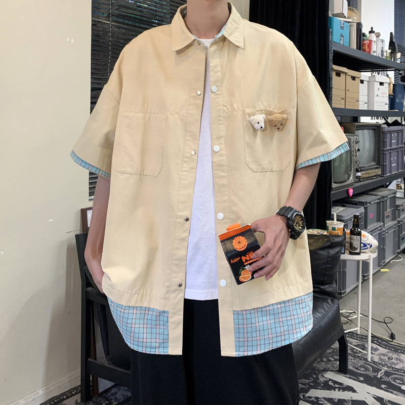 Short-Sleeved Shirt Men's Summer Niche Design Trendy Ins Fashion Brand Hong Kong Style False-Two-Piece Shirt Tooling High Sense