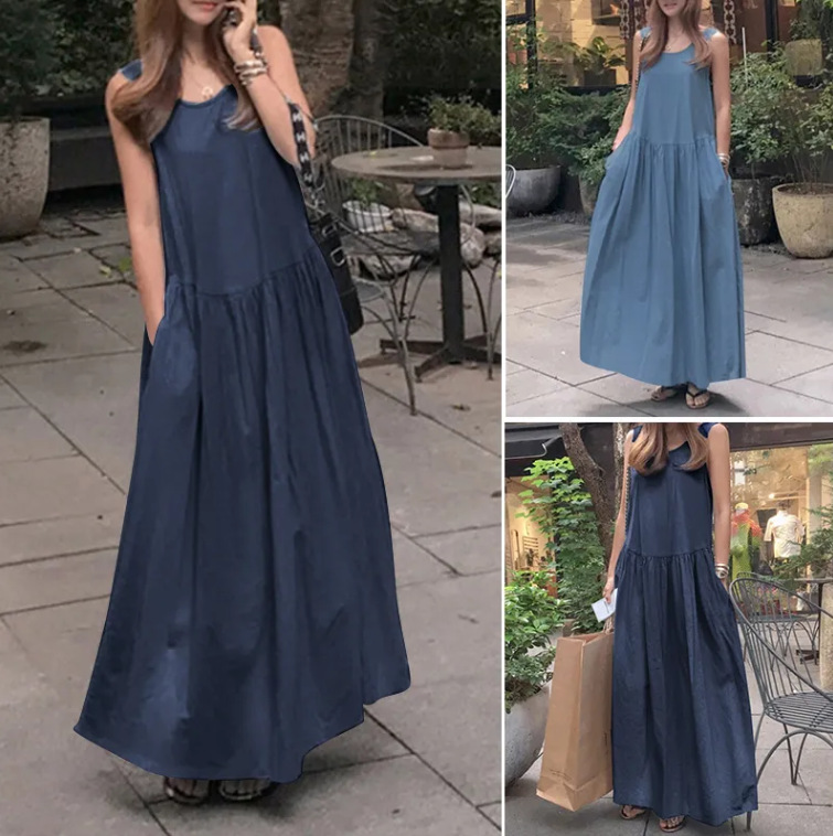 2023 Cross-Border Summer Cotton and Linen Casual round Neck Sleeveless Large Size Loose Solid Color Vest Long Large Hem Dress