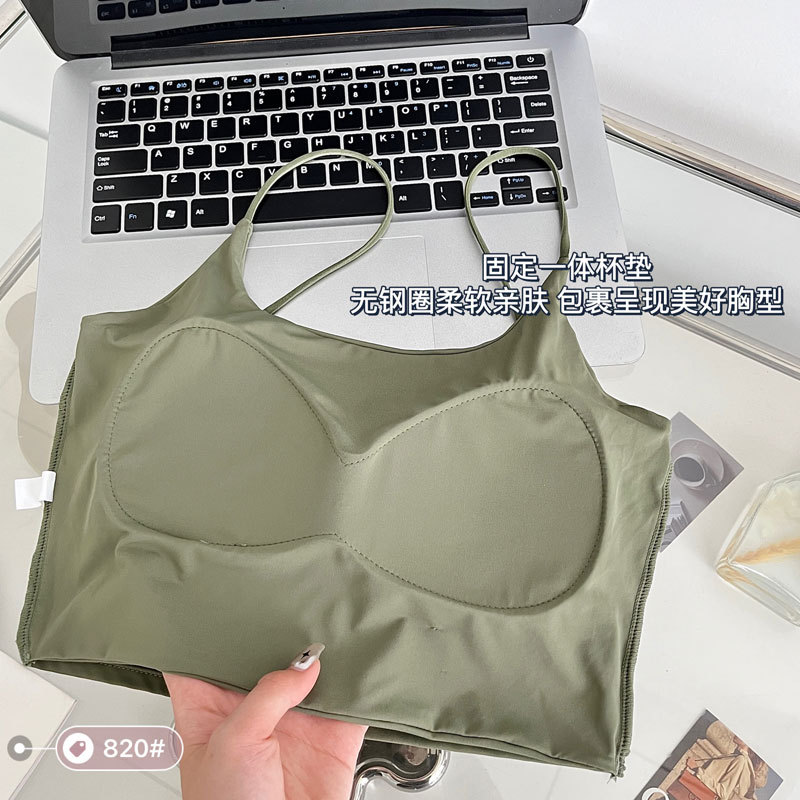 Summer Solid Color Ice Silk Camisole One-Piece Fixed Cup Inner Wear Outer Wear U Collar Thin Belt Backless Crop-Top Bandeau