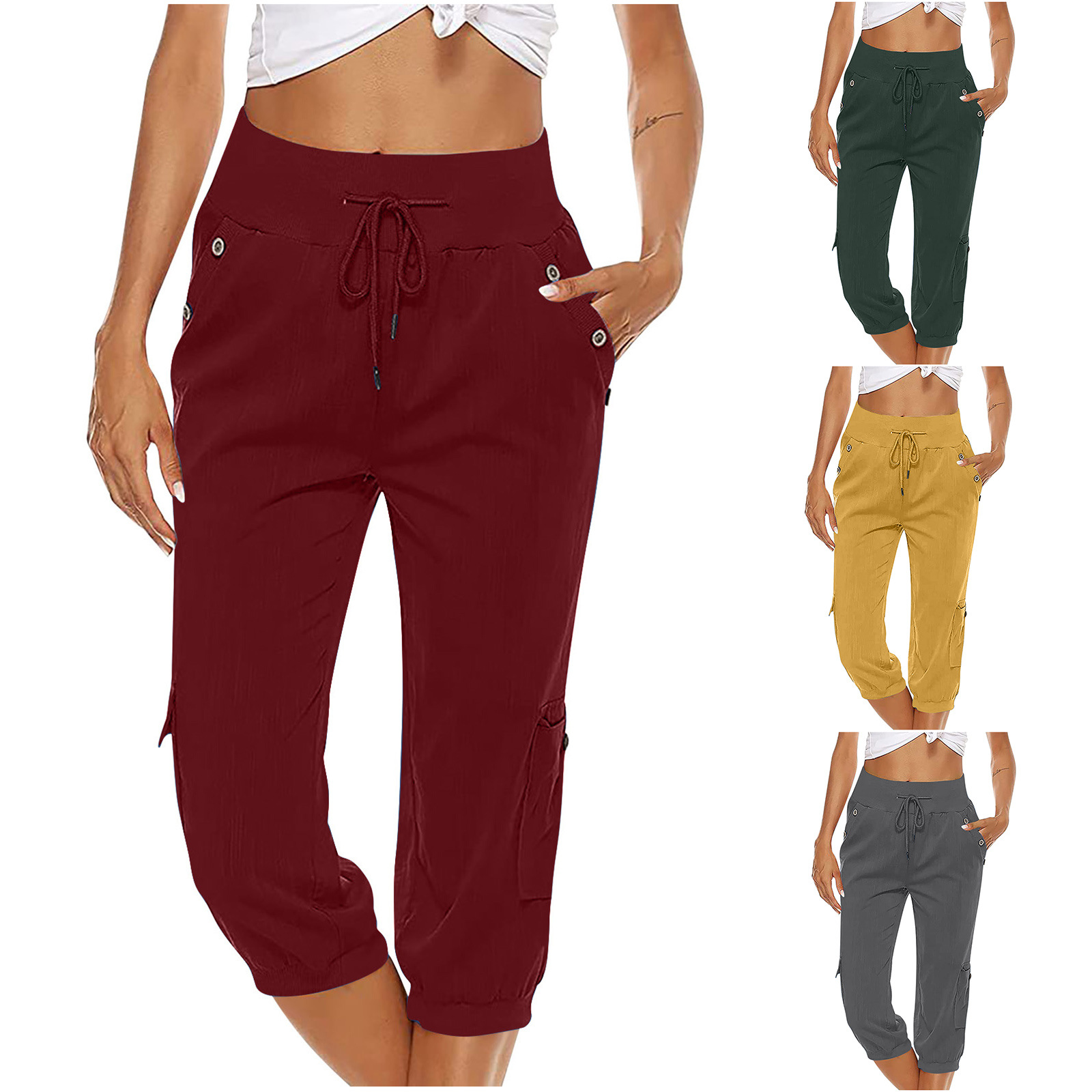 Amazon EBay Cross-Border European and American Ladies Solid Color Drawstring Loose Leisure Workwear Wide Leg Straight Cropped Pants with Mouth