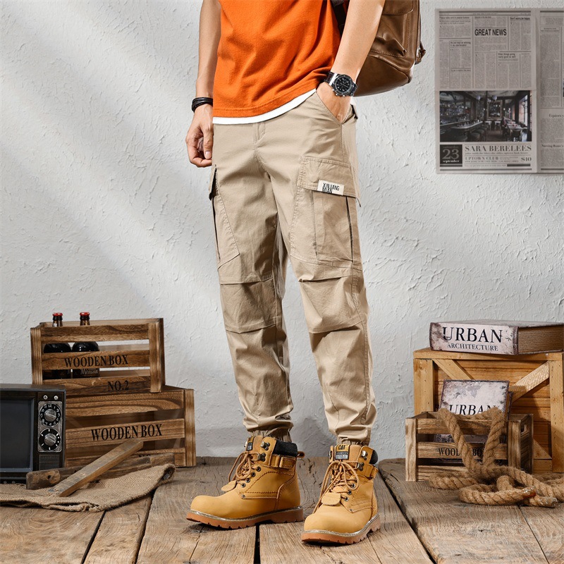潮牌春夏马丁靴痞帅男士休闲裤子宽松束脚复古工装裤男配美式九分