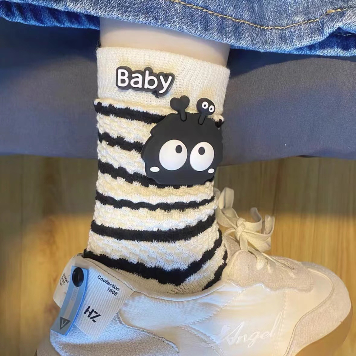 Women's Cute Bear Embroidery Logo Mid-Calf Cotton Socks Cartoon Versatile Internet Celebrity Ins Trendy Small Bristle Striped Stockings