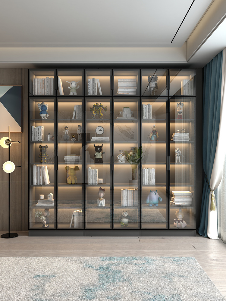 轻奢书架现代简约带玻璃门书柜防尘客厅置物架实木落地收纳展示柜