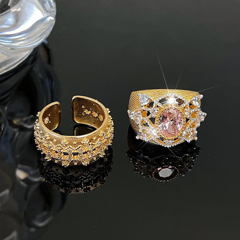 意大利布拉提高级感中古款新品粉色彩宝金色开口戒指轻奢小众指环