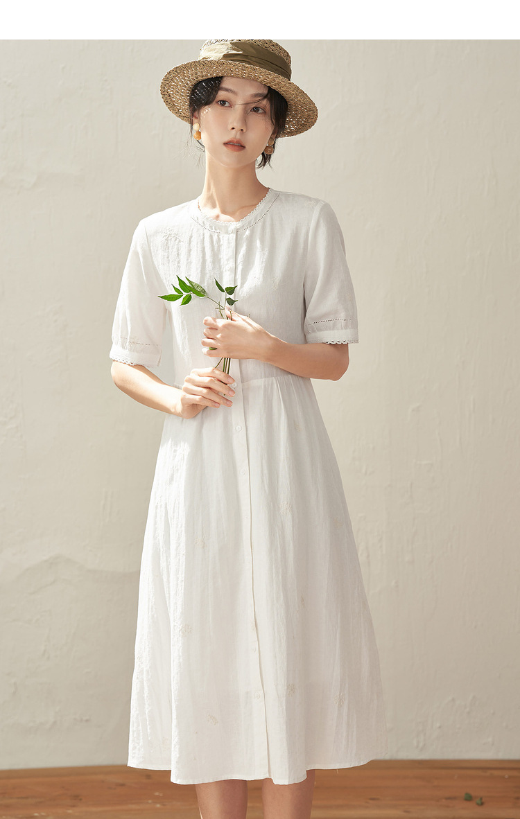 【商场同款】茵曼2024夏女装新款文艺提花绣花亚麻棉连衣裙伞裙