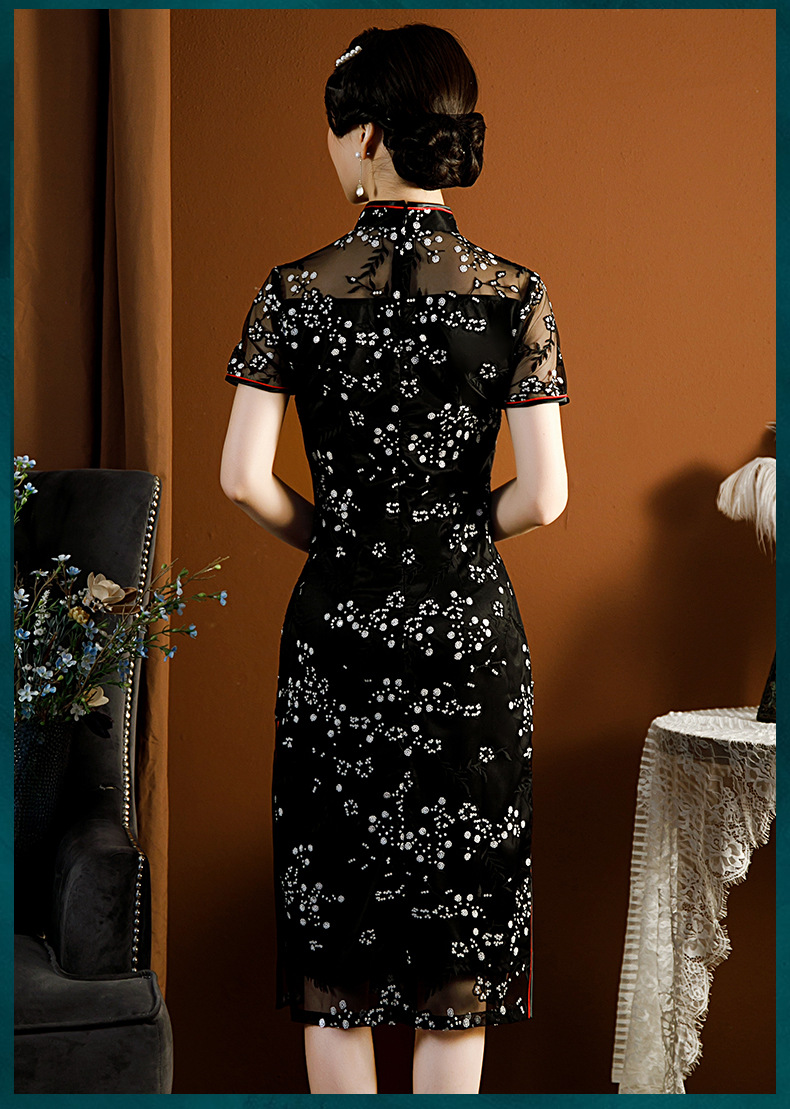 如意襟中款黑色显瘦短袖蕾丝旗袍日常镂空性感中国风女装 b1052