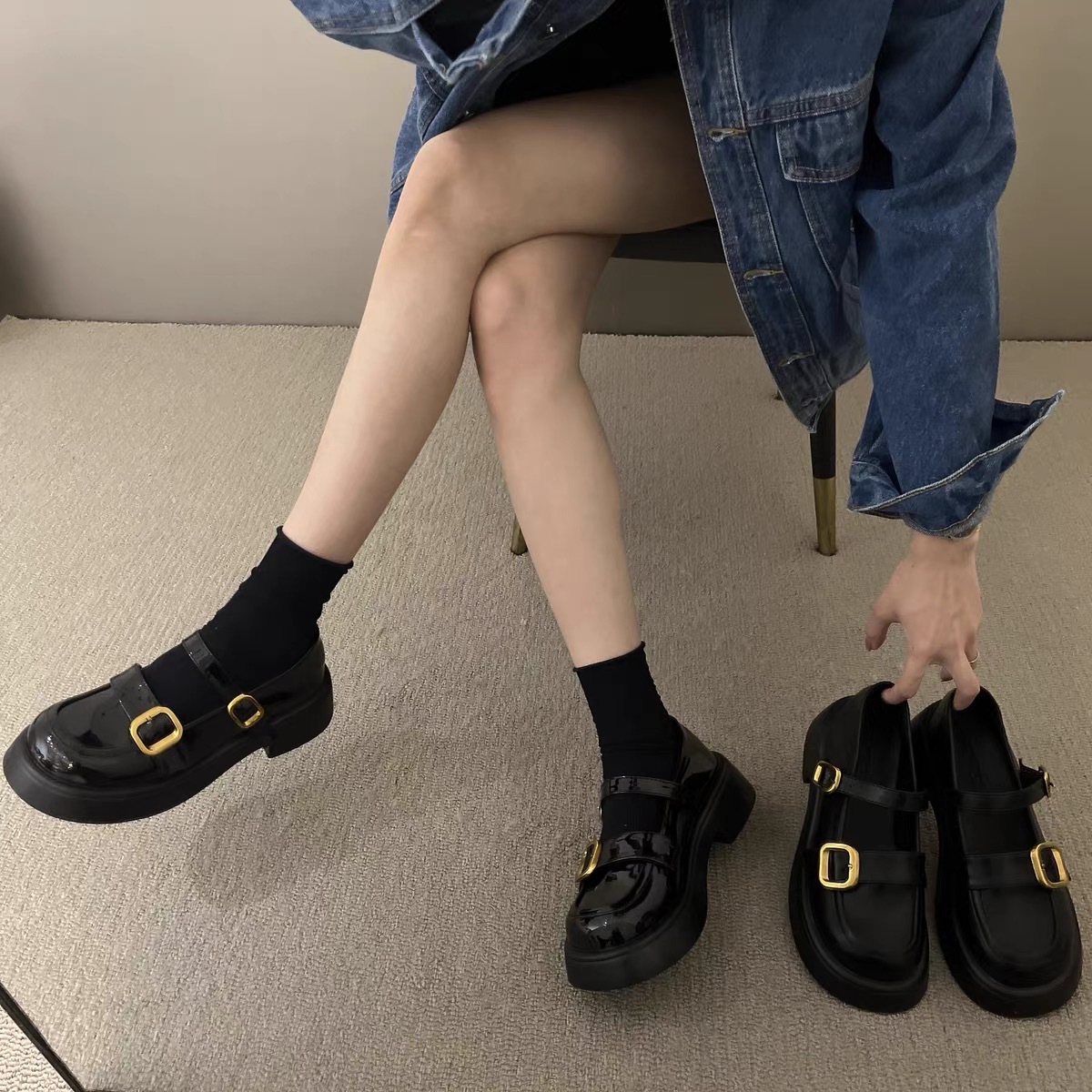 潮牌设计感亮皮黑色小皮鞋女秋冬季配中袜子穿乐福春秋玛丽珍单鞋