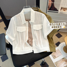 韩国时尚翻领短袖衬衫女微透薄款防晒衣短外套+条纹背心休闲2件套